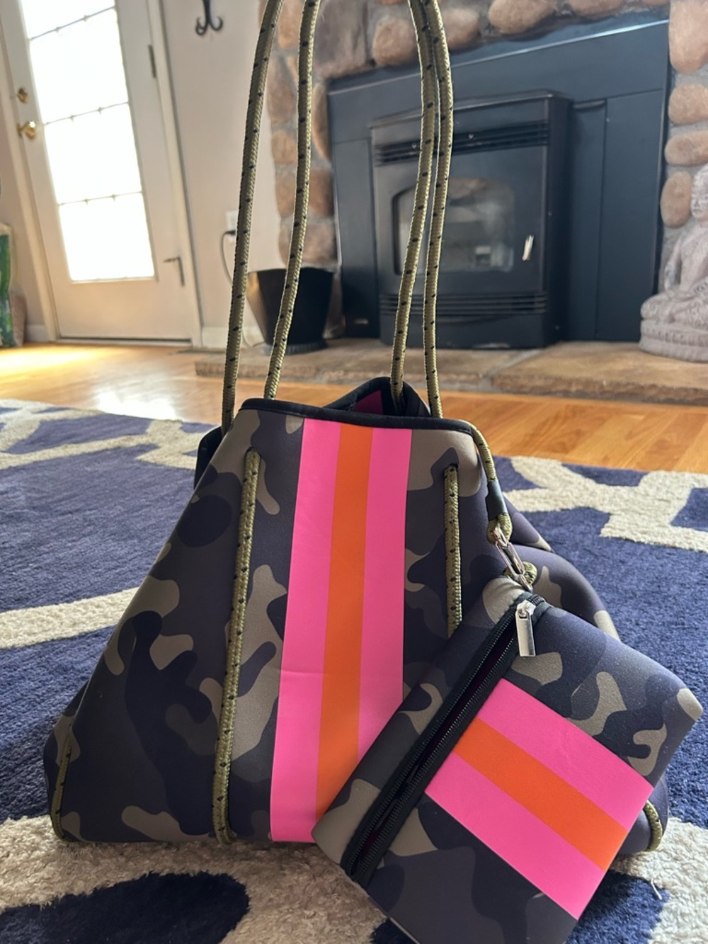 Women’s Camouflage Neoprene Tote with Pink and Orange Stripe